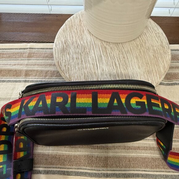 KARL LAGERFELD PARIS MAYBELLE CAMERA CROSSBODY BAG RAINBOW STRIPE STRAP CASUAL - Picture 14 of 16